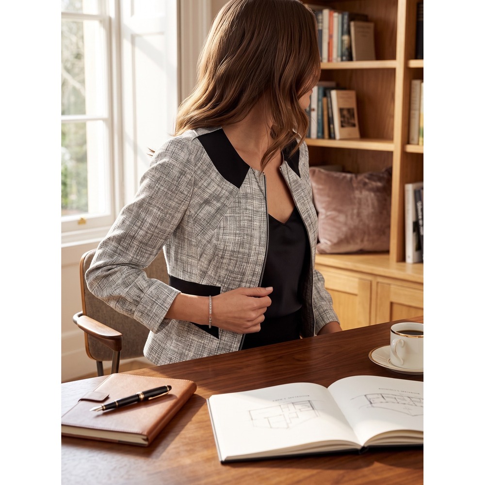 Workwear Karen Millen Tailored Textured Zip Jacket Size 8 Grey Black Career Chic